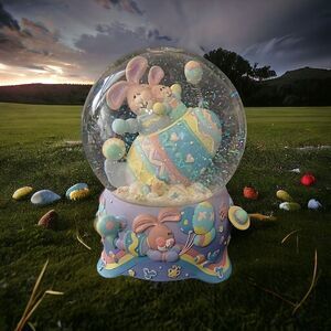 Easter Snow Globe Music Box Musical Bunny VIDEO Pastel Balloons Eggs Vintage 90s